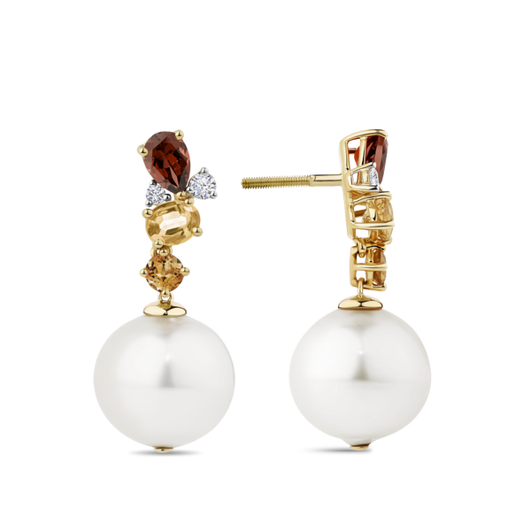 Citrine Diamond and Australian South Sea Pearl Drop Earrings in 18ct Yellow Gold Hardy Brothers Jewellers