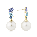Tanzanite Topaz Sapphire and Australian South Sea Pearl Drop Earrings in 18ct Yellow Gold Hardy Brothers Jewellers