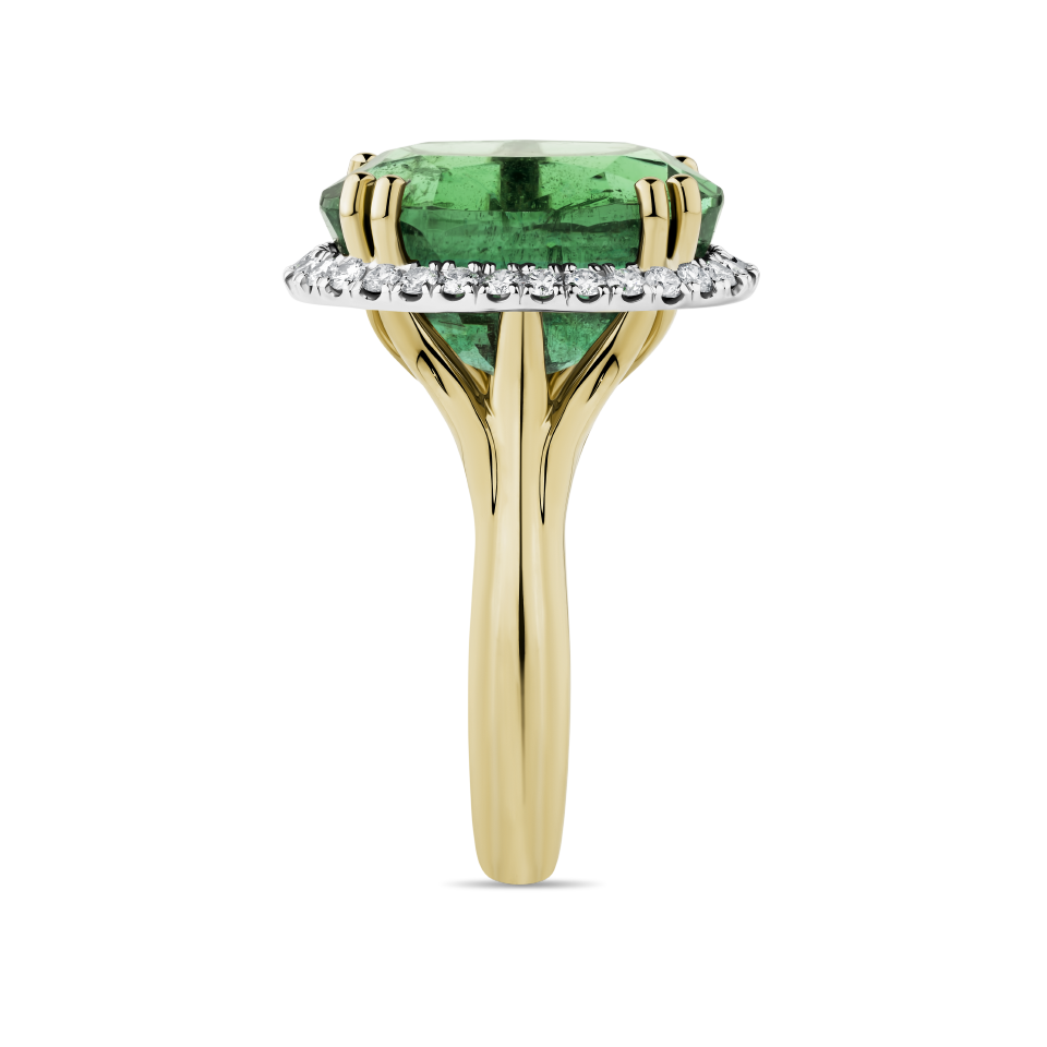 170 Vault Emerald and Diamond Halo Ring in 18ct Yellow Gold