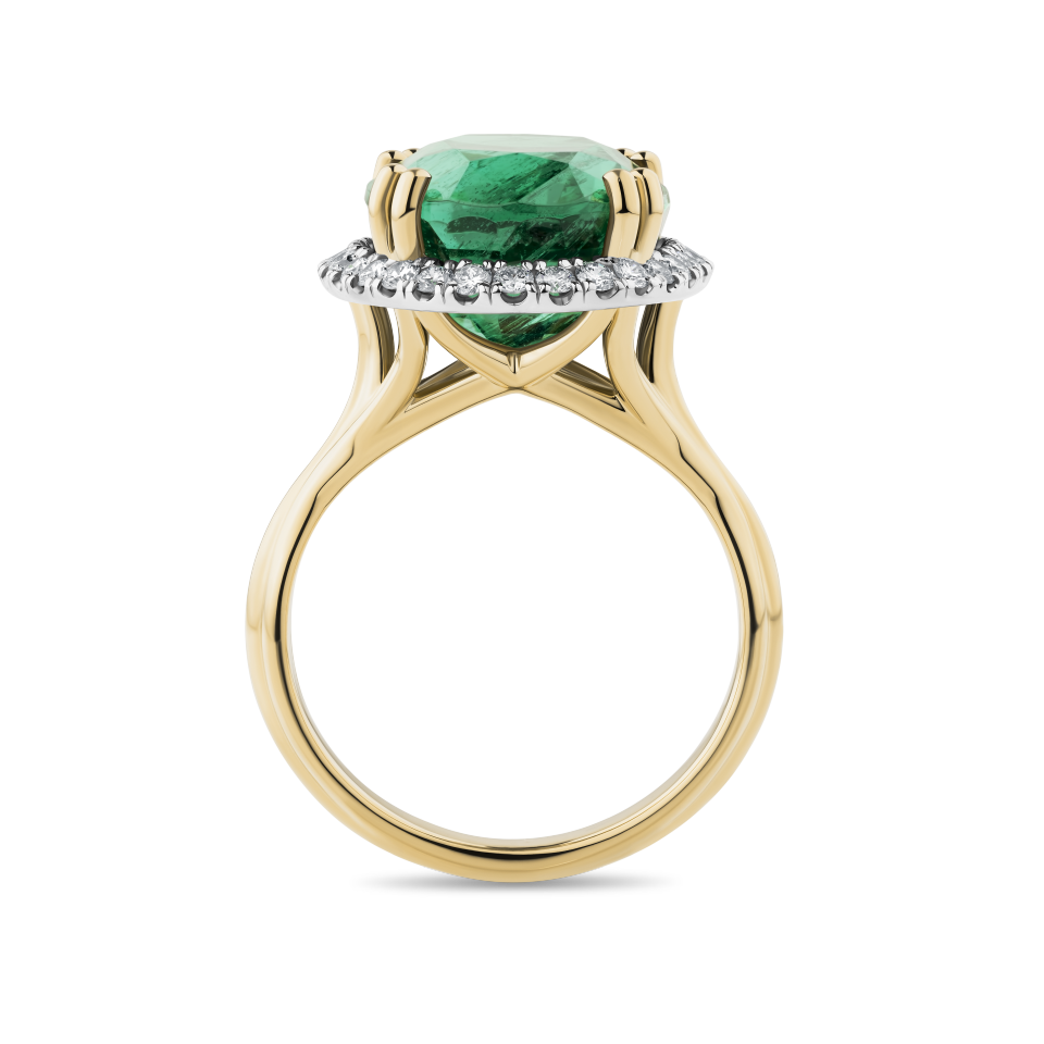 170 Vault Emerald and Diamond Halo Ring in 18ct Yellow Gold