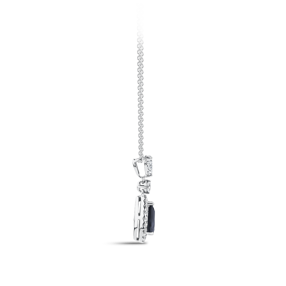 Hardy Brothers Jewellers | Pear Cut Sapphire and Diamond Halo Pendant in 18ct White Gold