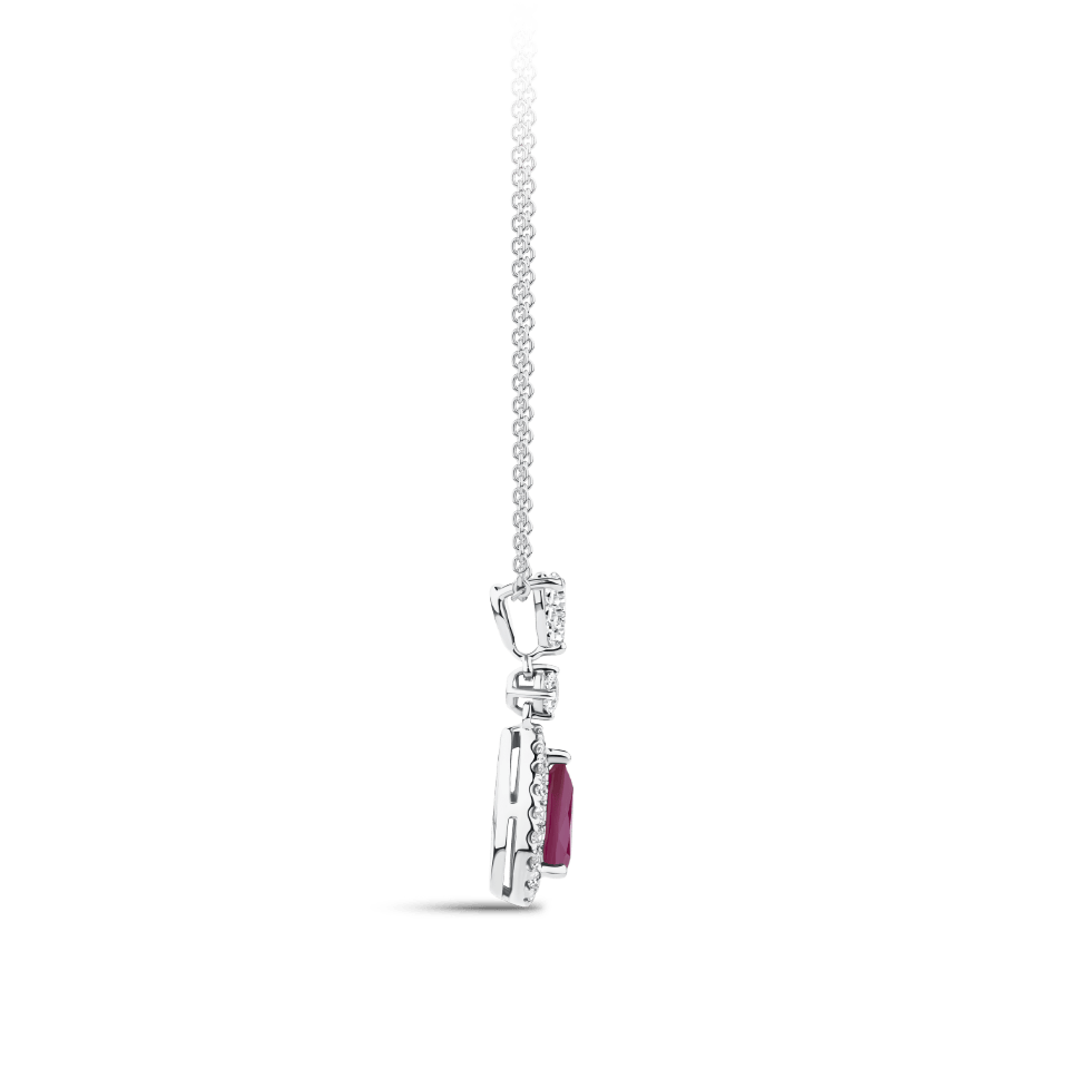 Hardy Brothers Jewellers | Pear Cut Ruby and Diamond Halo Pendant in 18ct White Gold