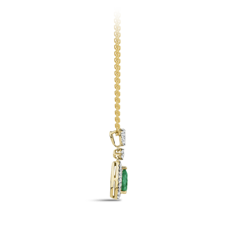 Hardy Brothers Jewellers | Pear Cut Emerald and Diamond Halo Pendant in 18ct Yellow and White Gold