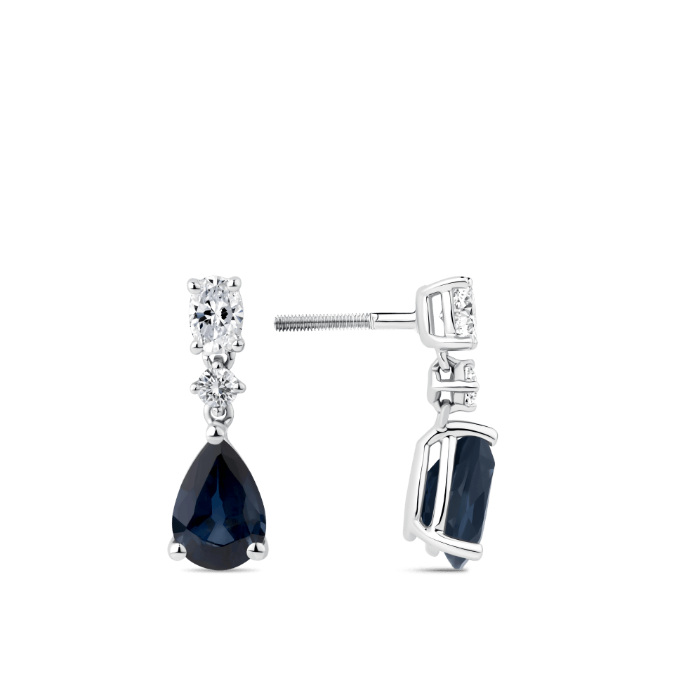 Hardy Brothers Jewellers | Pear Cut Sapphire and Diamond Drop Earrings in 18ct White Gold