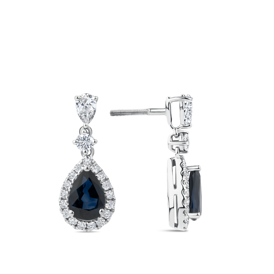 Hardy Brothers Jewellers | Pear Cut Sapphire and Diamond Halo Drop Earrings in 18ct White Gold