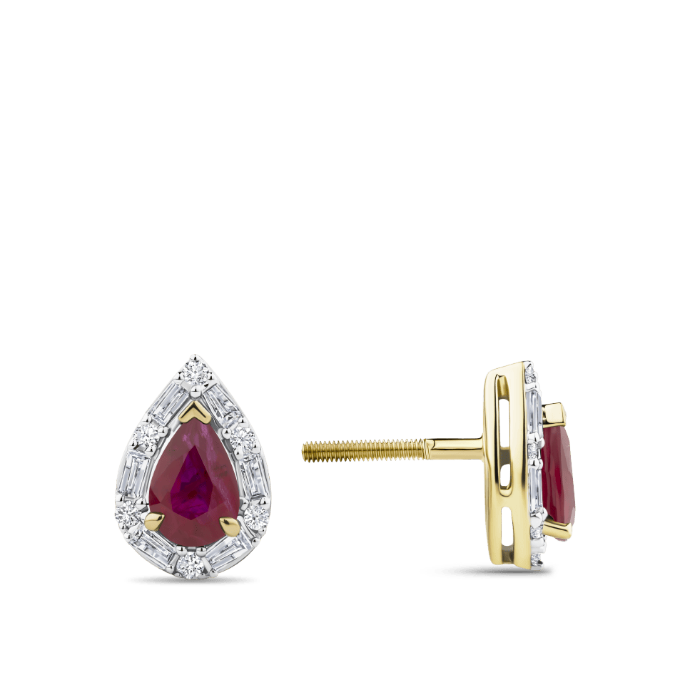 Hardy Brothers Jewellers | Pear Cut Ruby & Alternating Diamond Stud Earrings in 18ct Yellow & White Gold