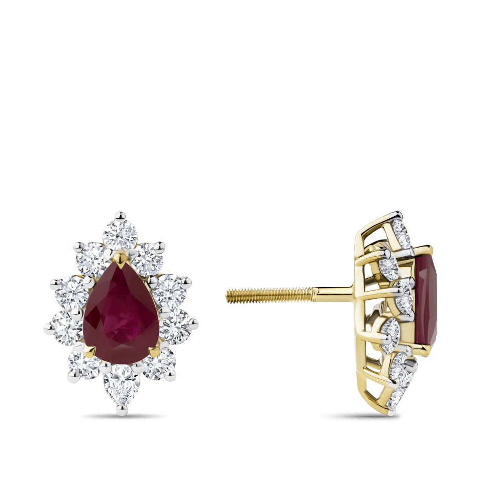 Hardy Brothers Jewellers | Pear Cut Ruby and Diamond Halo Stud Earrings in 18ct Yellow Gold