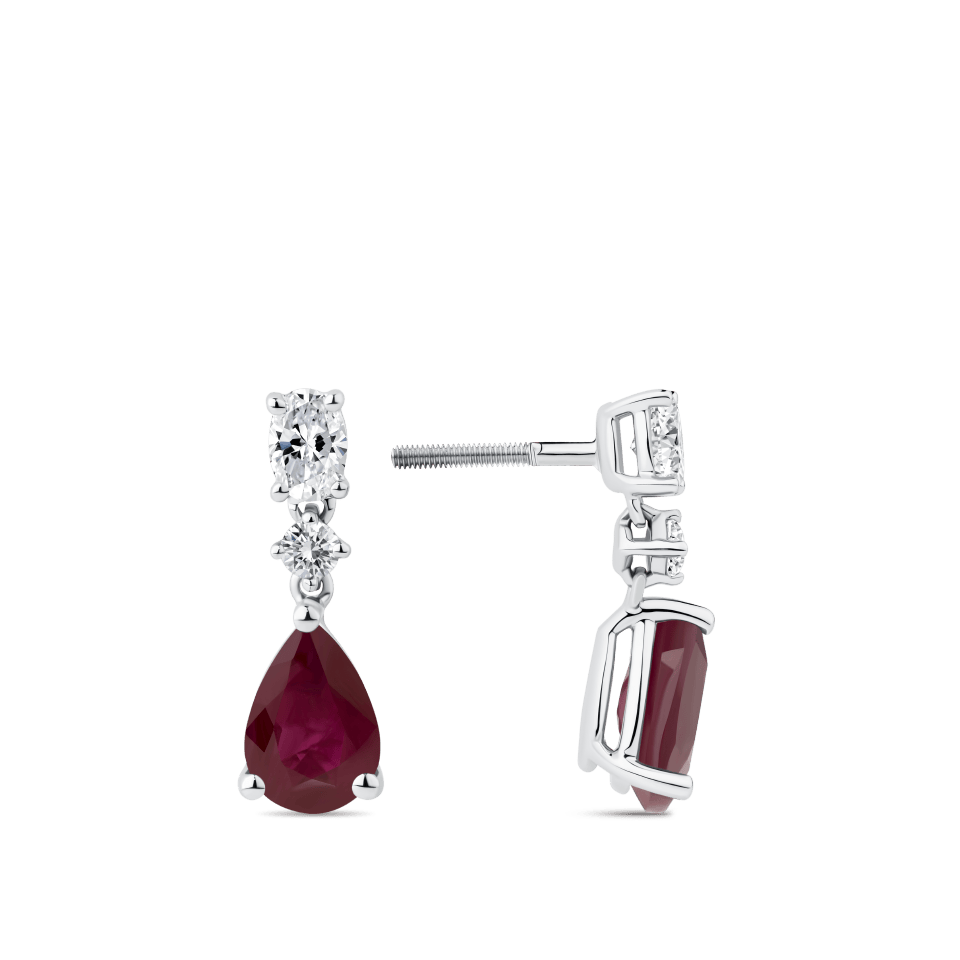 Hardy Brothers Jewellers | Pear Cut Ruby and Diamond Drop Earrings in 18ct White Gold