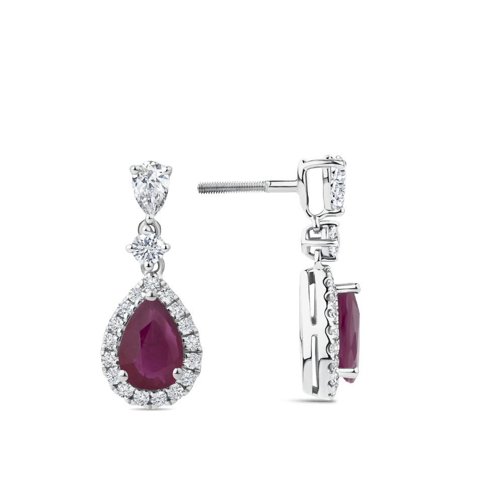 Hardy Brothers Jewellers | Pear Cut Ruby and Diamond Halo Drop Earrings in 18ct White Gold