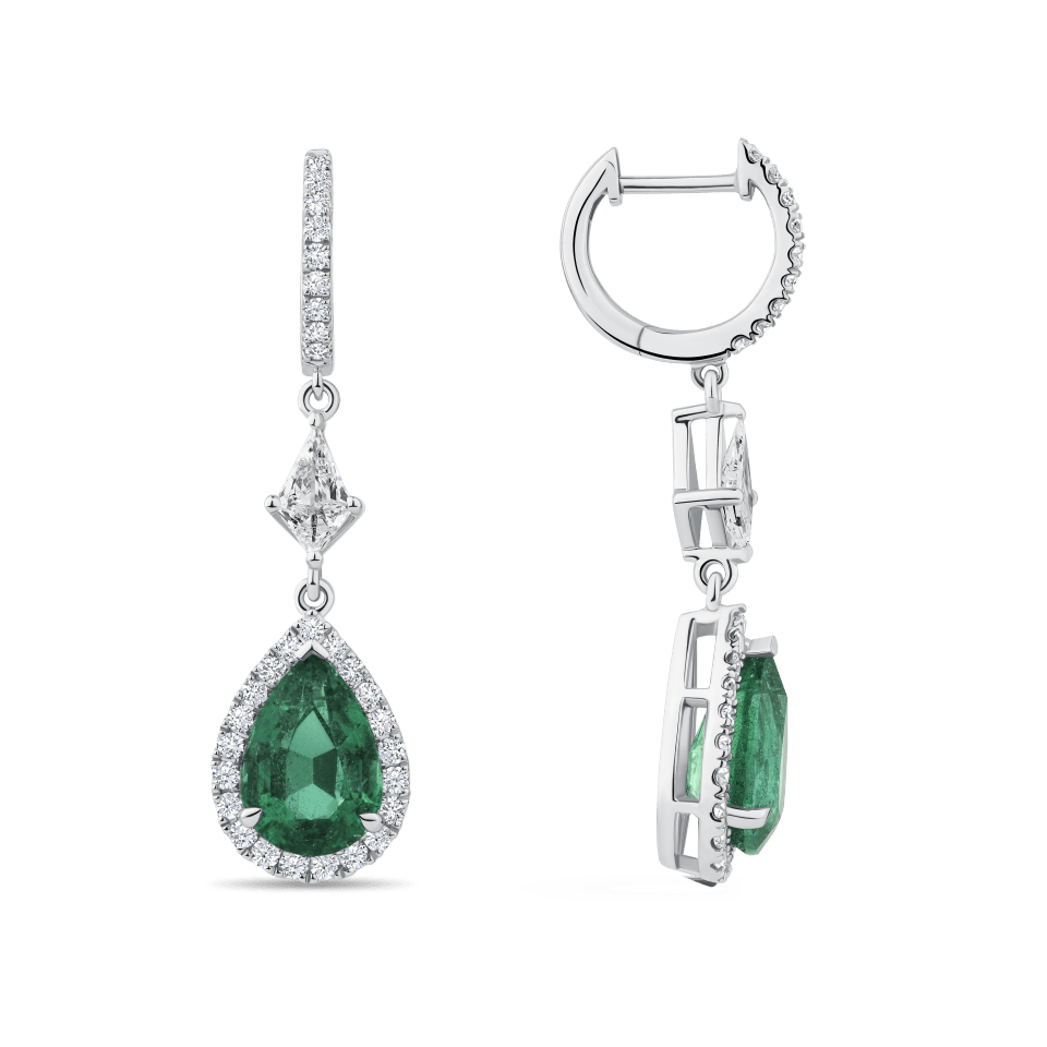Hardy Brothers Jewellers | Pear Cut Emerald and Diamond Drop Earrings in 18ct White Gold