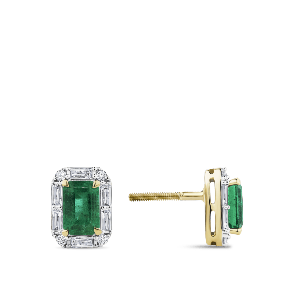 Hardy Brothers Jewellers | Emerald and Alternating Diamond Stud Earrings in 18ct Yellow and White Gold