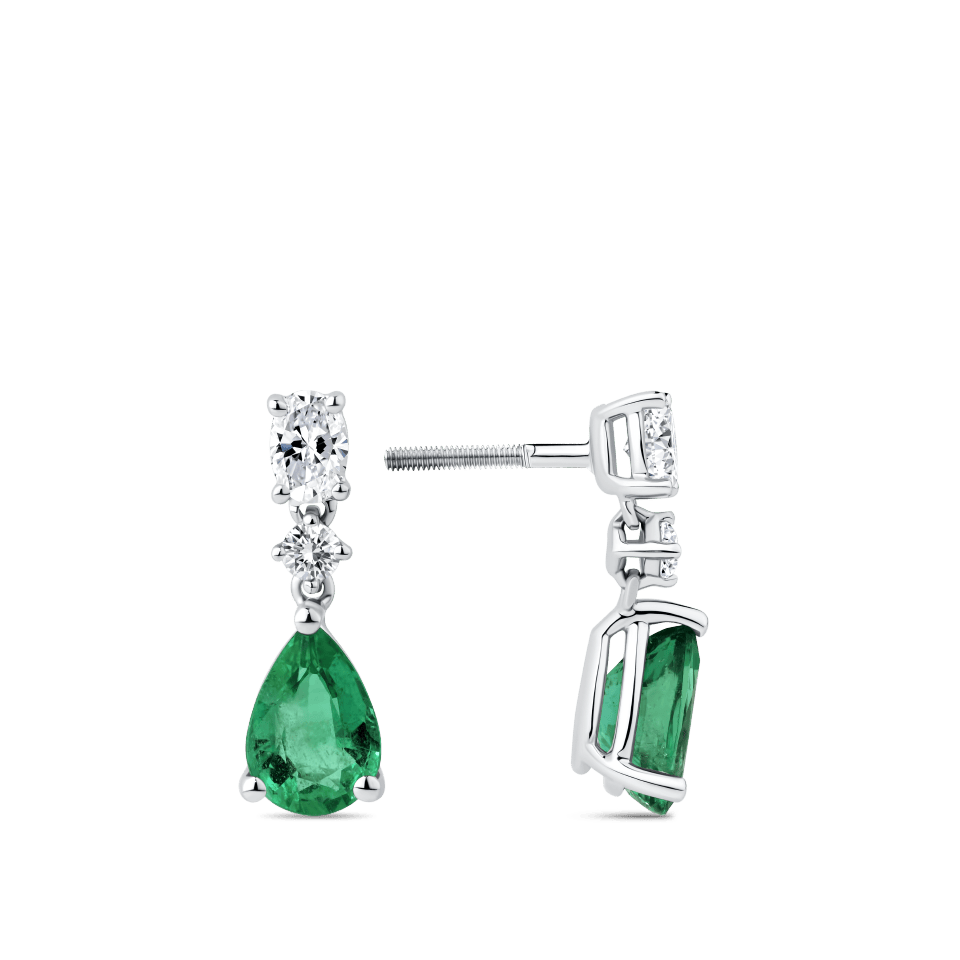 Hardy Brothers Jewellers | Pear Cut Emerald and Diamond Drop Earrings in 18ct White Gold