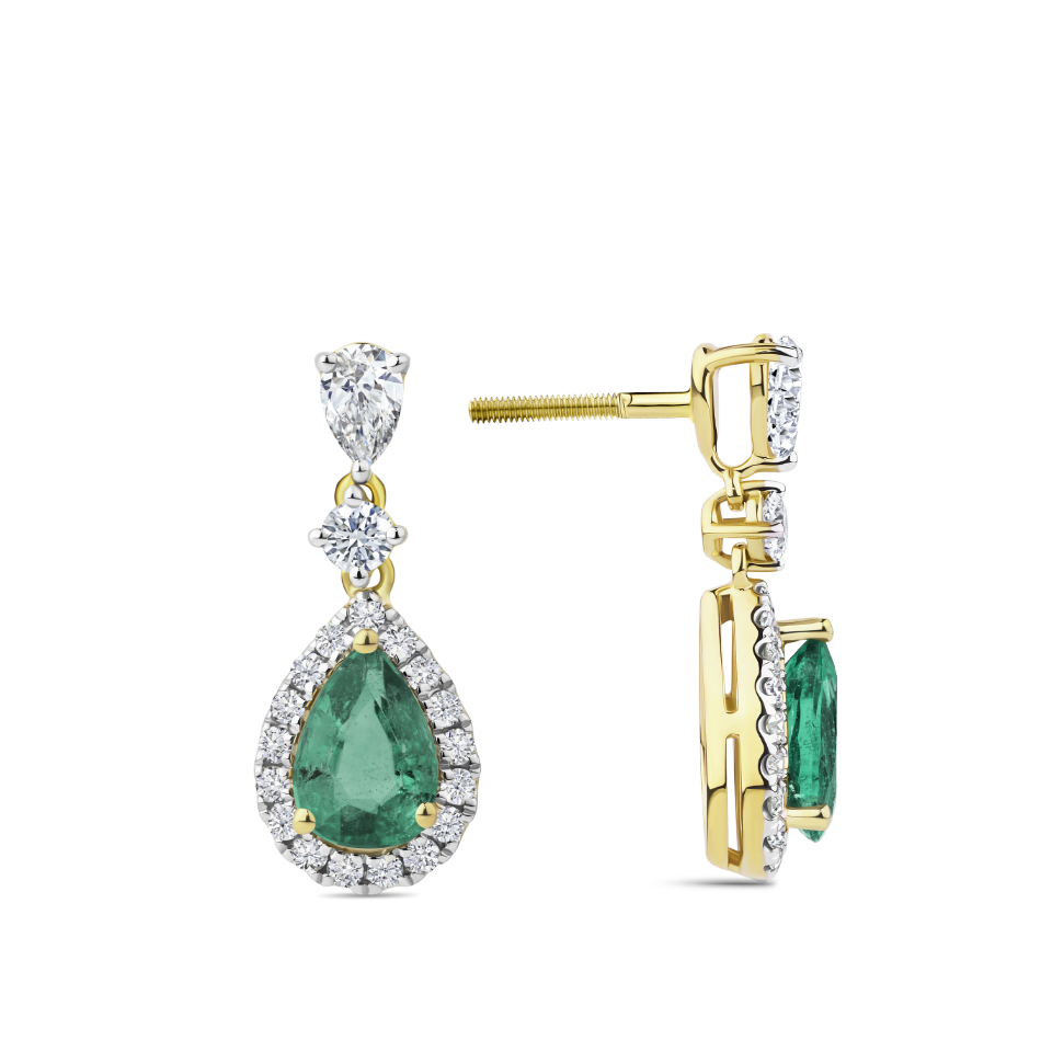Pear Cut Emerald and Diamond Halo Drop Earrings in 18ct Yellow and White Gold