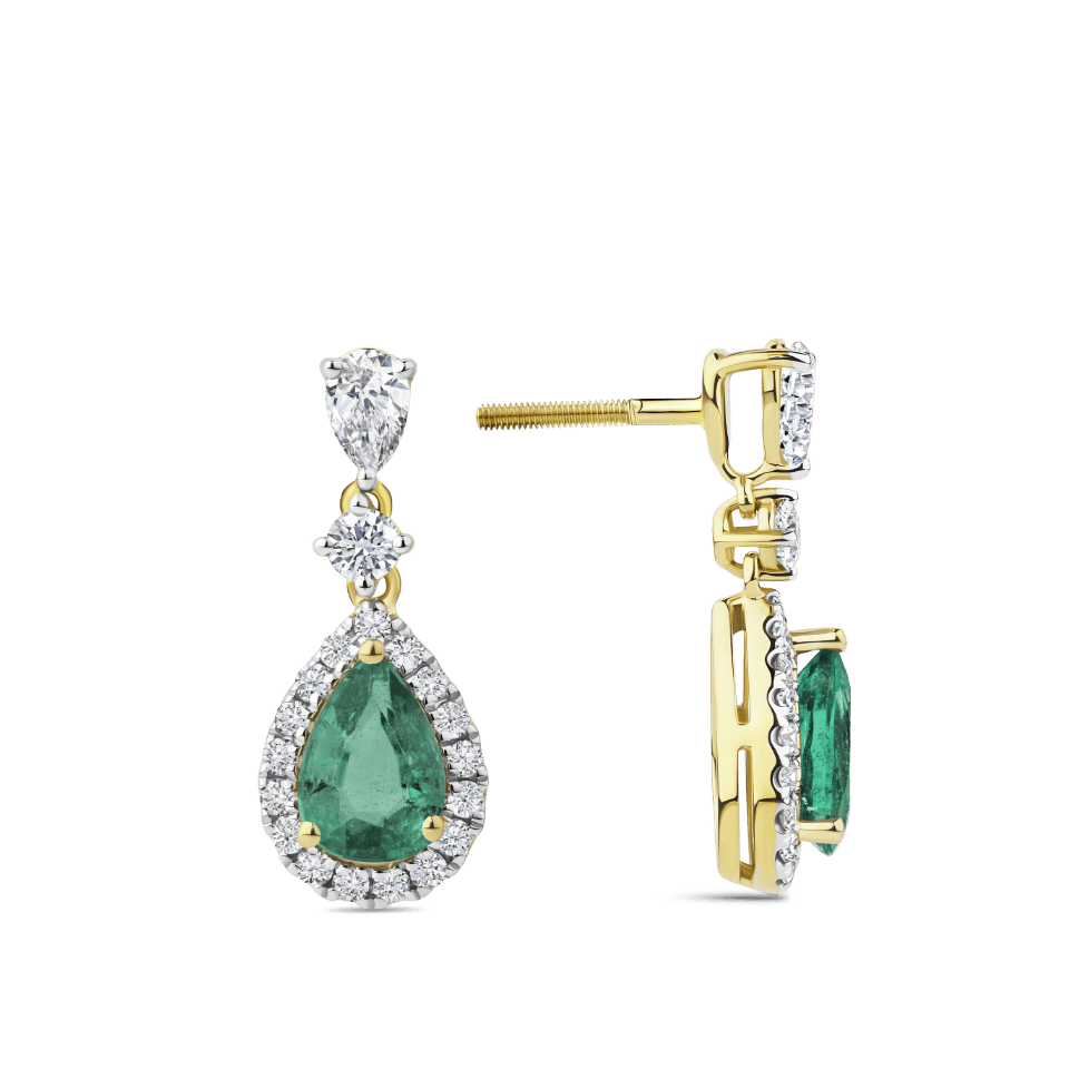 Hardy Brothers Jewellers | Pear Cut Emerald and Diamond Halo Drop Earrings in 18ct Yellow and White Gold
