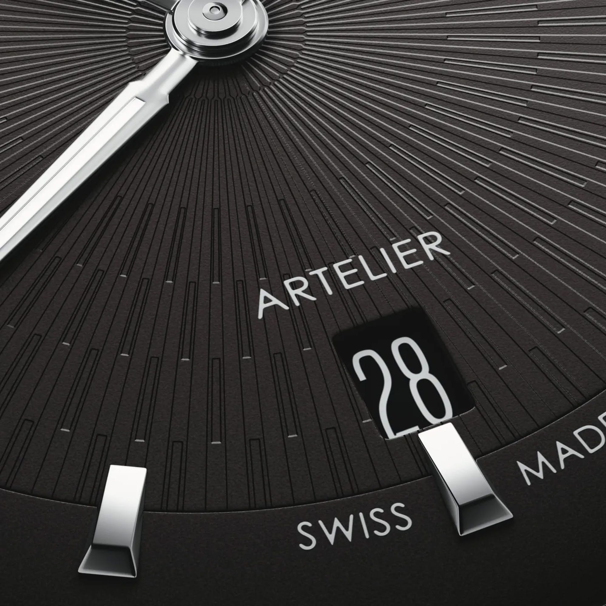 Oris Artelier Date Automatic 38mm Watch 01 733 7810 4054-07 8 20 20 — A close-up shows the clean baton hour markers and date window against the black dial's uncluttered surface.