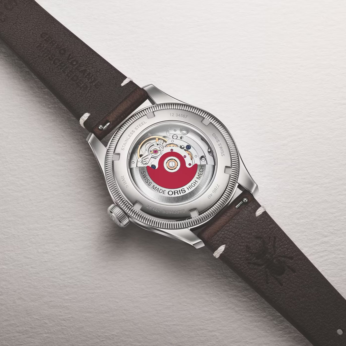 Oris x Cervo Volante Big Crown Pointer Date Men’s Automatic 40mm Watch 754 7785 4038SET, stainless steel caseback with Cervo Volante engravings.