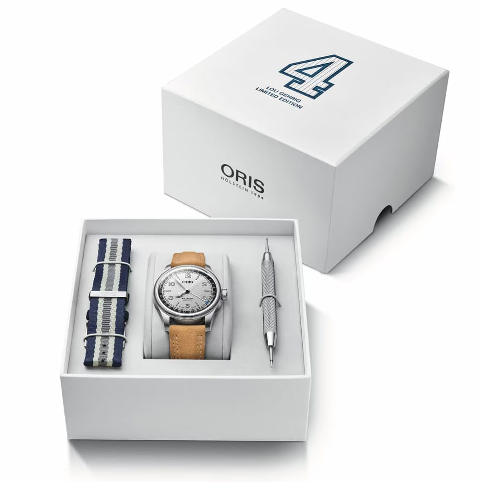Oris Big Crown 'Lou Gehrig' Limited Edition Automatic 40mm Watch 01 754 7785 4091-Set — The brown leather strap with white double stitching is paired with a stainless steel buckle, with an additional NATO-style strap and change tool included.