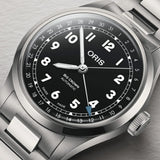 Oris Big Crown Pointer Date Automatic 40mm Watch 01 754 7798 4064-07 8 20 06 — Viewed at a three-quarter angle, the multi-piece stainless steel case and signature oversized Big Crown are clearly visible.