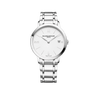 Front-facing view of the Baume & Mercier Classima M0A10356 ladies' watch, featuring a pure white dial with gilt Roman numerals, rhodium-plated leaf hands, date window at 3 o'clock, polished stainless steel case, and a matching polished stainless steel bracelet with triple folding clasp.