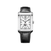 Front-facing view of the Baume & Mercier Hampton M0A10523 men's watch, featuring an opaline and grained silver dial with black ruthenium sword-shaped hands, riveted indexes, big date display at 12 o'clock, day-night indicator sub-dial at 6 o'clock, polished rectangular stainless steel case, and a black alligator leather strap with grey stitching.