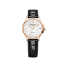 Front-facing view of the Baume & Mercier Classima M0A10598 ladies' watch, featuring a luminous white mother-of-pearl dial with golden Roman numerals, golden leaf hands, date window, polished 18K pink gold bezel, and a black alligator leather strap.