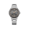 Front-facing view of the Baume & Mercier Riviera M0A10661 ladies' watch, featuring a slate grey sunburst dial with wave pattern décor, rose gold-tone faceted hands and Roman numerals, date window at 3 o'clock, polished twelve-sided stainless steel case with sandblasted titanium bezel and rose gold PVD ring, and a matching polished and satin-finished stainless steel bracelet.