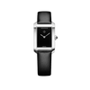 Front-facing view of the Baume & Mercier Hampton M0A10760 ladies' watch, featuring a sleek black lacquered dial with rhodium-plated sword-shaped hands, polished rectangular stainless steel case, and an interchangeable black calfskin leather strap.