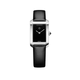 Front-facing view of the Baume & Mercier Hampton M0A10760 ladies' watch, featuring a sleek black lacquered dial with rhodium-plated sword-shaped hands, polished rectangular stainless steel case, and an interchangeable black calfskin leather strap.