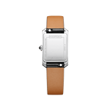 Rear-facing view of the Baume & Mercier Hampton M0A10760, showing the solid polished stainless steel case back with engraved Baume & Mercier branding and model reference details.