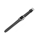 Three-quarter side view of the Baume & Mercier Hampton M0A10760, highlighting the slim rectangular case profile, the curved sapphire crystal, and the elegant black calfskin leather strap flowing from the polished stainless steel case.