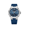 Front-facing view of the Baume & Mercier Riviera M0A10761 Tideograph Limited Edition men's watch, featuring a harmonious blue dial with Roman numerals, rhodium-plated indexes, tideograph disc at 6 o'clock displaying high and low tide information, polished stainless steel dodecagonal case with four-screw bezel, and a blue rubber strap with canvas pattern.
