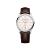 Front-facing view of the Baume & Mercier Clifton M0A10773 men's watch, featuring an off-white grained dial with crosshair pattern, black minute track, gilded trapezoid-shaped indexes, Arabic numeral at 12 o'clock, alpha-shaped hands, satin-finished stainless steel case, and an interchangeable brown alligator leather strap.