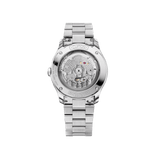 Rear-facing view of the Baume & Mercier Clifton M0A10793, showing the transparent sapphire crystal exhibition case back revealing the in-house Baumatic BM13-1975A movement, framed by the satin-finished stainless steel case.