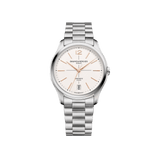 Front-facing view of the Baume & Mercier Clifton M0A10793 men's watch, featuring an off-white grained dial with crosshair pattern, black minute track, gilded trapezoid-shaped indexes, Arabic numeral at 12 o'clock, alpha-shaped hands, satin-finished stainless steel case, and an integrated 3-row satin-finished stainless steel bracelet.