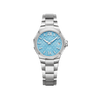 Front-facing view of the Baume & Mercier Riviera M0A10811 ladies' watch, featuring a sun satin-finished azure blue dial with tone-on-tone wave transfers, riveted rhodium-plated Roman numerals and indexes, faceted rhodium-plated hands, date window at 3 o'clock, polished and satin-finished dodecagonal stainless steel case, and a matching stainless steel bracelet.