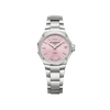 Front-facing view of the Baume & Mercier Riviera M0A10812 ladies' watch, featuring a sun satin-finished pink dial with tone-on-tone wave transfers, riveted rhodium-plated Roman numerals and indexes, faceted rhodium-plated hands, date window at 3 o'clock, polished and satin-finished dodecagonal stainless steel case, and a matching stainless steel bracelet.