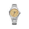 Front-facing view of the Baume & Mercier Riviera M0A10822 men's watch, featuring a vintage-inspired vertically brushed gilded dial with riveted gilded indexes, blue seconds hand with Phi logo counterweight, polished and satin-finished twelve-sided stainless steel case, and a matching integrated polished and satin-finished stainless steel bracelet.