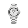 Front-facing view of the Baume & Mercier Riviera M0A10829 men's watch, featuring a white dial with wave décor, black bezel, riveted Roman numerals and indexes with white SuperLuminova, faceted rhodium-plated hands, black seconds hand with Phi logo counterweight, polished dodecagonal stainless steel case, and a matching stainless steel bracelet.