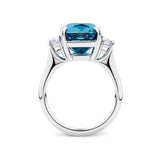 11.05 Carat Cushion Cut Blue Cambodian Zircon and 1.04 Carat Half Moon Diamond Trilogy Ring in 18ct White Gold