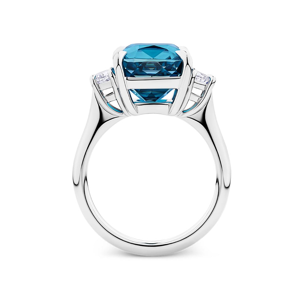 11.05 Carat Cushion Cut Blue Cambodian Zircon and 1.04 Carat Half Moon Diamond Trilogy Ring in 18ct White Gold