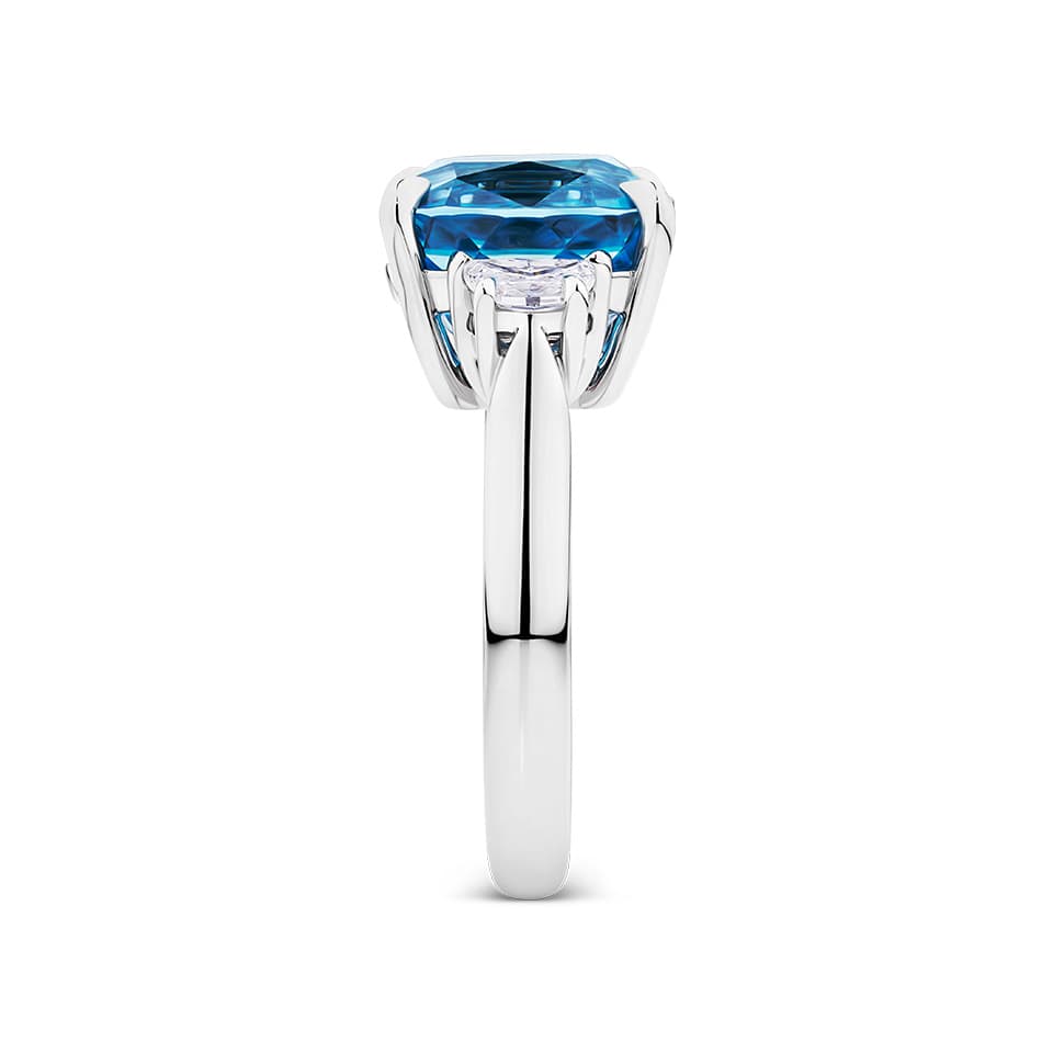 11.05 Carat Cushion Cut Blue Cambodian Zircon and 1.04 Carat Half Moon Diamond Trilogy Ring in 18ct White Gold