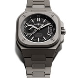 Bell & Ross BR-X5 Automatic 41mm Watch BRX5R-BL-TI/STI reveals fine detailing on the black dial, including the date window at 3 o'clock and the power reserve indicator at 9 o'clock. The translucent dial construction highlights the Manufacture movement beneath.
