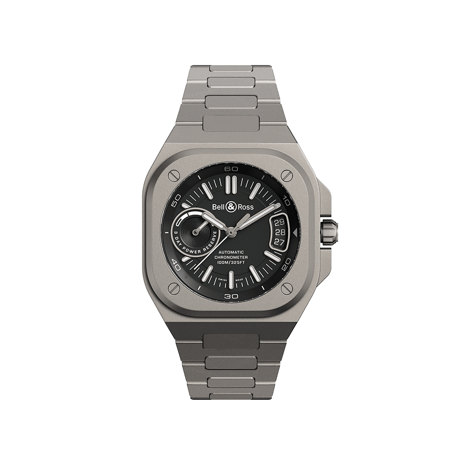 Bell & Ross BR-X5 Automatic 41mm Watch BRX5R-BL-TI/STI displays its black dial with matte black hands filled with white Super-LumiNova and a white second hand. The microblasted grade 2 titanium case features a square bezel with a screw-down crown and crown protector.
