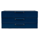 WOLF Sophia Indigo Fruit Botanical Large Jewellery Box with Drawers, shown closed with all three drawers stacked. The indigo exterior features a minimalist finish with brushed drawer pulls.