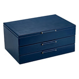 WOLF Sophia Indigo Fruit Botanical Large Jewellery Box with Drawers, shown closed at an angle to display the layered drawer structure. The indigo exterior has a smooth, structured finish suited to dressing table display.