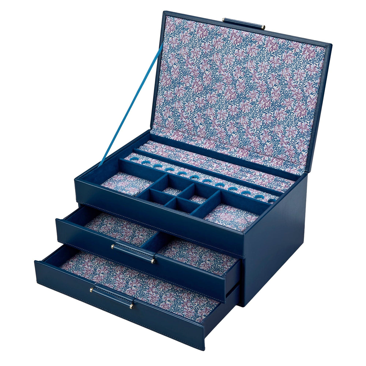 WOLF Sophia Indigo Fruit Botanical Large Jewellery Box with Drawers, shown open with the top compartment and bottom drawer extended. The indigo exterior reveals the hand-printed Fruit Botanical lining across ring rolls, charm compartments and drawer storage.
