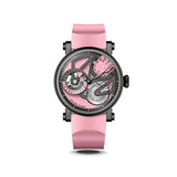 Speake Marin Openworked Dual Time Pink Automatic GMT 42mm Watch 414209430 shown front on, with its vivid pink openworked dial set against a black matte finish. The black DLC-coated Grade 5 titanium Piccadilly case is paired with a pink rubber strap.