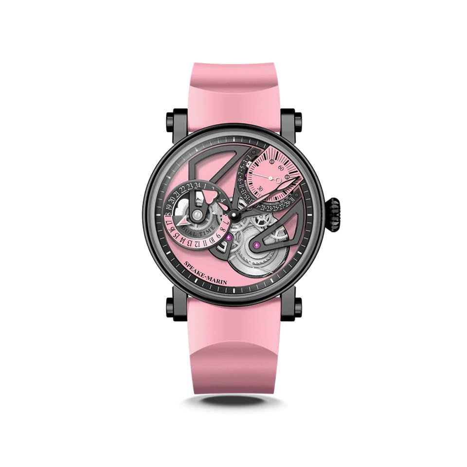 Speake Marin Openworked Dual Time Pink Automatic GMT 42mm Watch 414209430 shown front on, with its vivid pink openworked dial set against a black matte finish. The black DLC-coated Grade 5 titanium Piccadilly case is paired with a pink rubber strap.