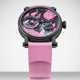 Speake Marin Openworked Dual Time Pink Automatic GMT 42mm Watch 414209430 shown front on, with its vivid pink openworked dial set against a black matte finish. The black DLC-coated Grade 5 titanium Piccadilly case is paired with a pink rubber strap.