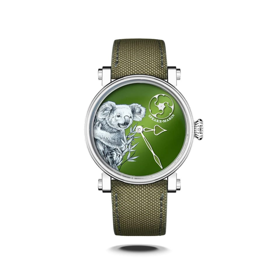 Speake Marin Art Series Koala Automatic 42mm Watch 414217420 shown front on, with its hand micro-painted Koala dial in a graduated green lacquer. The Grade 5 titanium Piccadilly case is paired with a green recycled nylon strap.
